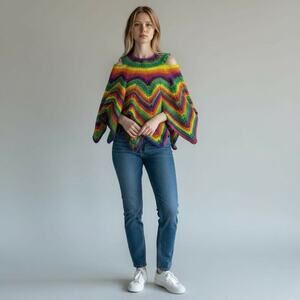Handmade Crochet Poncho Afghan Womens Rainbow Knit Boho Grannycore Hippie